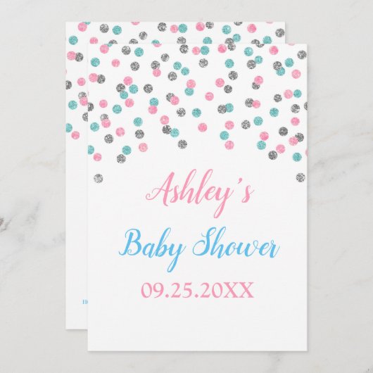 ピンクの青い銀製の紙吹雪の男女兼用なシャワー 招待状 (正面/裏面)