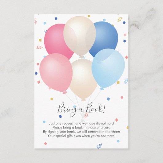 ピンクの青い風船と紙吹雪が本を持ってくる エンクロージャーカード (正面)