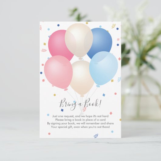 ピンクの青い風船と紙吹雪が本を持ってくる エンクロージャーカード (スタンド正面)