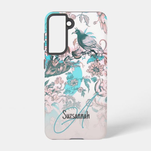 ピンクの青い鳥と花の模様モノグラムカスタム SAMSUNG GALAXYケース (裏面)