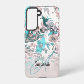 ピンクの青い鳥と花柄のカスタムモノグラム SAMSUNG GALAXYケース (裏面)