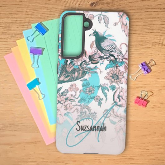 ピンクの青い鳥と花柄のカスタムモノグラム SAMSUNG GALAXYケース