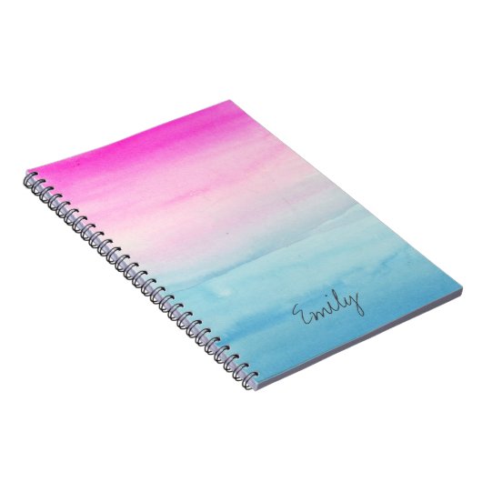 ピンクの青くグラデーションな水彩画|はあなたの名前を加えます ノートブック (右側)