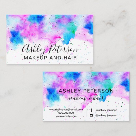 ピンクの青くモダンな水彩画ブラシストローク化粧 名刺 (正面/裏面)