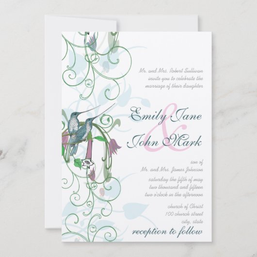 ピンクの青と緑のハミングバードの結婚式の招待 招待状 (正面)