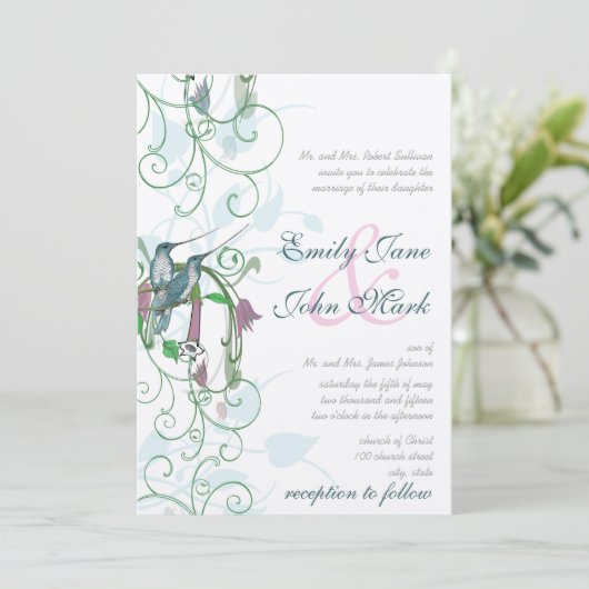 ピンクの青と緑のハミングバードの結婚式の招待 招待状 (スタンド正面)