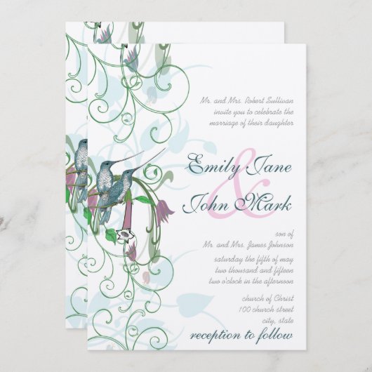 ピンクの青と緑のハミングバードの結婚式の招待 招待状 (正面/裏面)