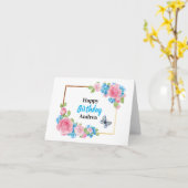 ピンクの青の水色のバラ花誕生日カード カード (黄色い花)