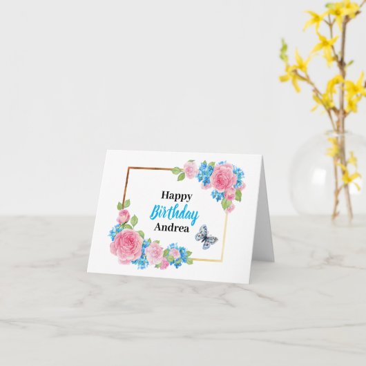 ピンクの青の水色のバラ花誕生日カード カード (黄色い花)