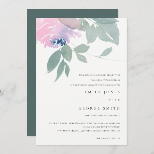 ピンクの青の緑の水の色のフローラ結婚式の招待 サンキューカード (正面/裏面)