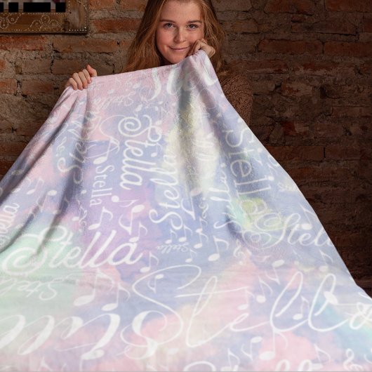 ピンクの青みがかった水色の名前(音符あり) フリースブランケット