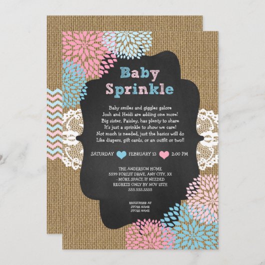 ピンクの青色児は振りかけます 招待状 (正面/裏面)