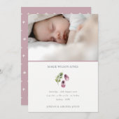 ピンクの靴の葉の写真ベビー誕生のお知らせ サンキューカード (正面/裏面)