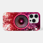 ピンクの音楽スピーカーと絵を描（ばちゃばちゃ）跳ねる iPhoneケース (裏面横)