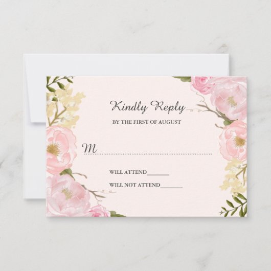 ピンクの頬紅のボタニカルフラワーの結婚式RSVP 出欠カード (正面)