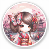 ピンクの風景を使ったこけしステッカー シール (正面)