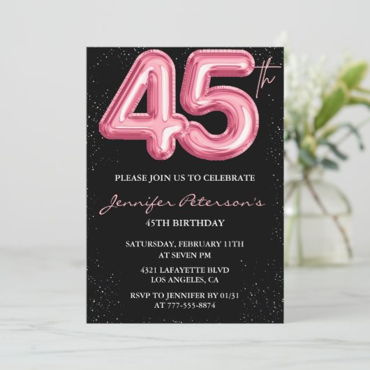 ピンクの風船がモダンな45歳の誕生日招待状 ブラック 招待状 (スタンド正面)