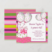 ピンクの風船が贈る 女の子の3歳誕生日パーティー 招待状 (正面/裏面)