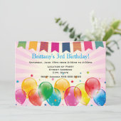 ピンクの風船とバナー誕生日パーティー 招待状 (スタンド正面)