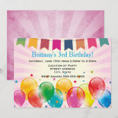 ピンクの風船とバナー誕生日パーティー 招待状 (正面/裏面)