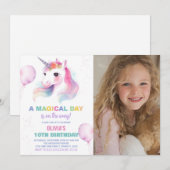 ピンクの風船とユニコーンの誕生日招待状の写真付き 招待状 (正面/裏面)