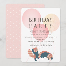 ピンクの風船とレッサーパンダの誕生日パーティー招待状 招待状