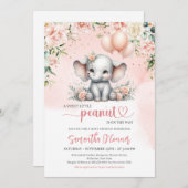 ピンクの風船と花の女の子と可愛い象 招待状 (正面/裏面)