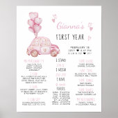 ピンクの風船と車の最初の誕生日マイルストーン ポスター (正面)