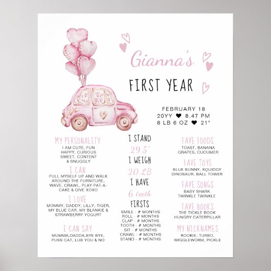 ピンクの風船と車の最初の誕生日マイルストーン ポスター (正面)