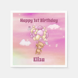 ピンクの風船と1歳の誕生日のテディベア スタンダードカクテルナプキン