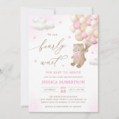 ピンクの風船のクマのぬいぐるみ ベビーシャワー 招待状 (正面)