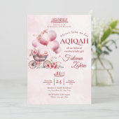 ピンクの風船のベビーカー 赤ちゃん女の子 ムスリム アキカ 招待状 (スタンド正面)