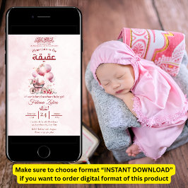 ピンクの風船のベビーカー 赤ちゃん女の子 ムスリム アキカ 招待状