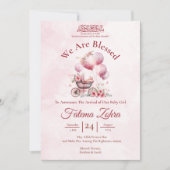 ピンクの風船のベビーカー 赤ちゃん女の子 ムスリム 誕生のお知らせ 招待状 (正面)