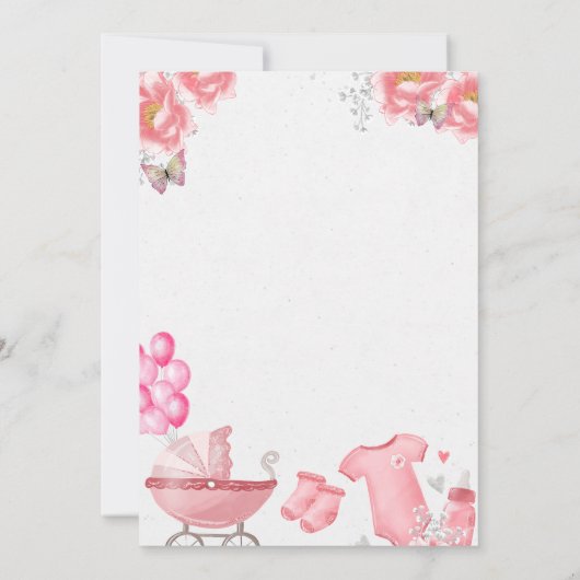 ピンクの風船のベビーカー 赤ちゃん 女の子 ムスリム 誕生 招待状 (裏面)