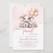 ピンクの風船の女の子とミニマルかわいいゾウ 招待状 (正面)