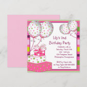 ピンクの風船の女の子の2歳の誕生日パーティー 招待状 (正面/裏面)