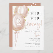 ピンクの風船の女の子の2歳の誕生日 招待状 (正面/裏面)