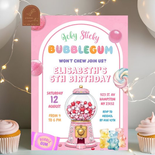 ピンクの風船ガムのキャンディー 誕生日の女の子 招待状