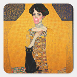 ピンクの風船ガムの女性と黒猫 グスタフ・クリムト スクエアシール