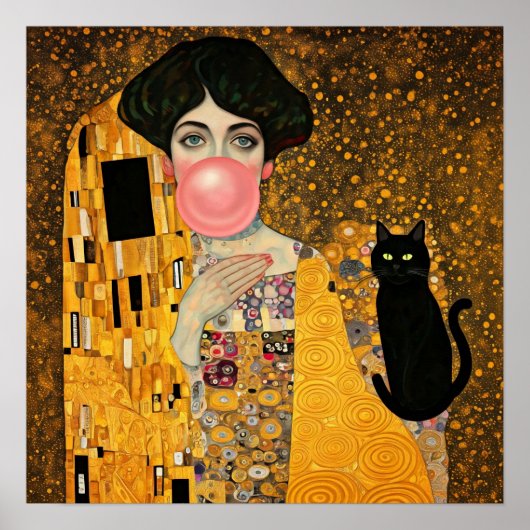 ピンクの風船ガムの女性と黒猫 グスタフ・クリムト ポスター (正面)