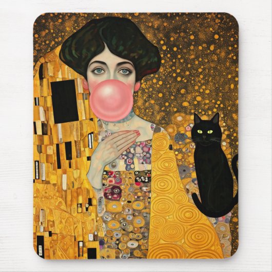 ピンクの風船ガムの女性と黒猫 グスタフ・クリムト マウスパッド (正面)