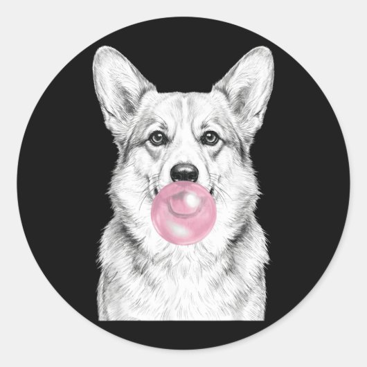 ピンクの風船ガムを吹くコーギー犬のスケッチアート ラウンドシール (正面)