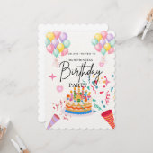 ピンクの風船プリンセスの誕生日招待状 カード (正面/裏面インサイチュ)