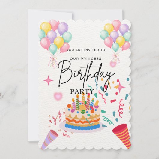 ピンクの風船プリンセスの誕生日招待状 カード (正面)