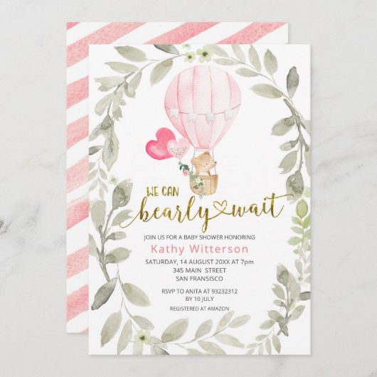 ピンクの風船 クマさん登場が楽しみで待ちきれない ベビーシャワー 招待状 (正面/裏面)