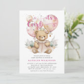 ピンクの風船 テディベア 花 女の子 ベビーシャワー 招待状 (スタンド正面)
