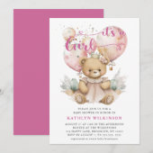 ピンクの風船 テディベア 花 女の子 ベビーシャワー 招待状 (正面/裏面)