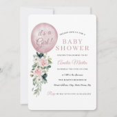 ピンクの風船 ベビーシャワーパーティー 女の子 招待状 (正面)