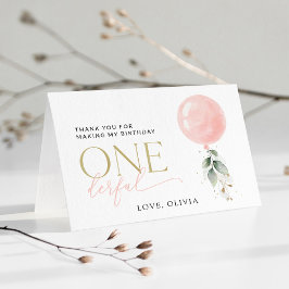 ピンクの風船、ユーカリ、グリーン、ファーストバースデー サンキューカード